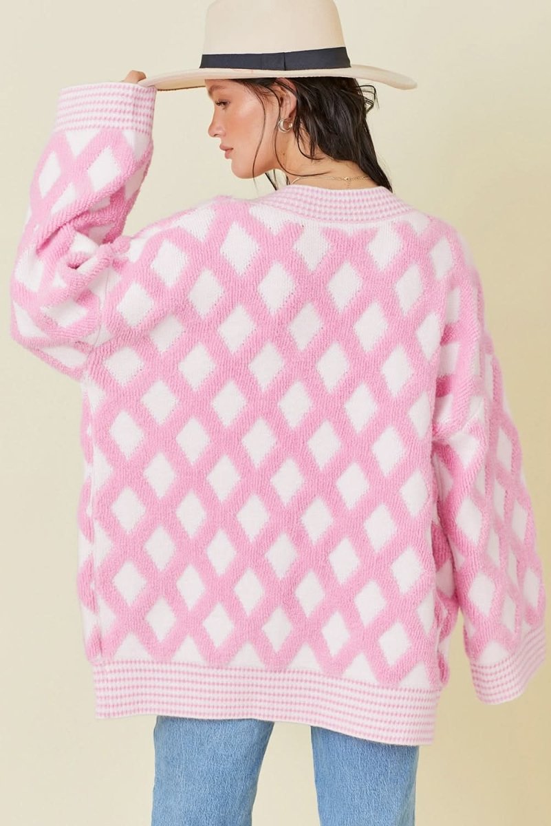 Pink Rhombus Pattern Knit Open Front Pocketed Cardigans - Love Salve